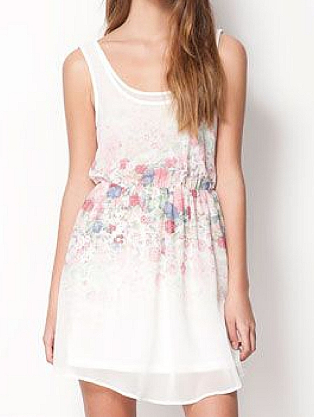 Bershka White Sleeveless Mini Dress with Pastel Floral Print Size S Boho Fairy